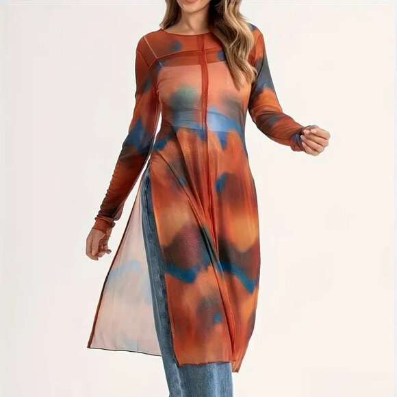 Red Orange Split Hem Tie Dye Overlay Top - Picture 1 of 4